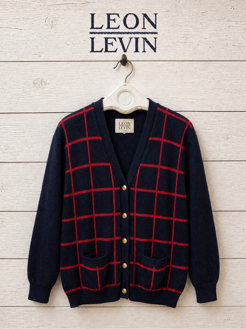 LEON LEVIN Navy Plaid Knit Cardigan – Size XL